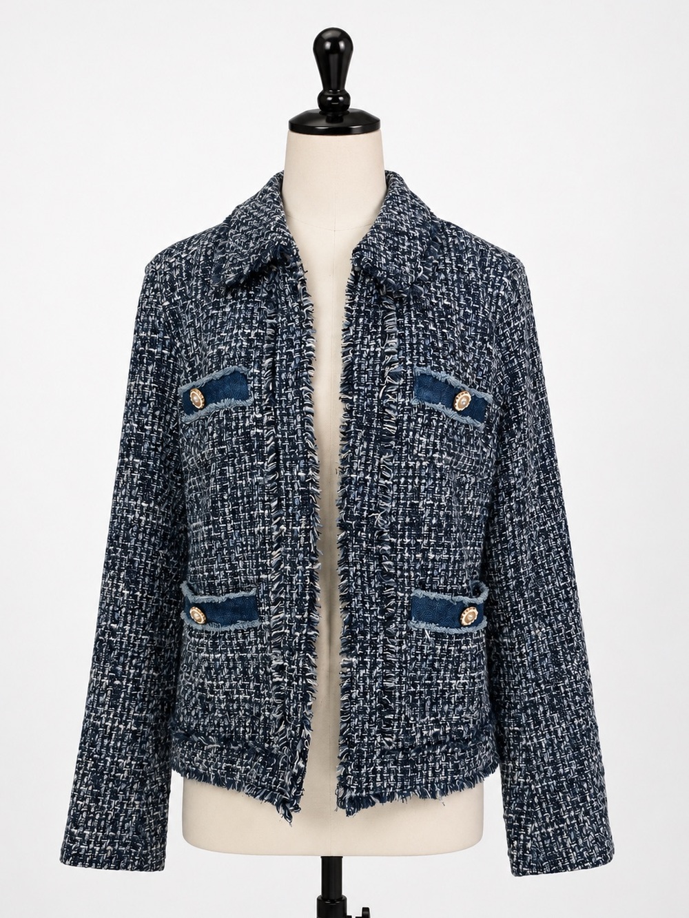Nanette Lepore Blue‎ Tweed Jacket Women’s  Frayed Trim Metallic Blazer  Coat